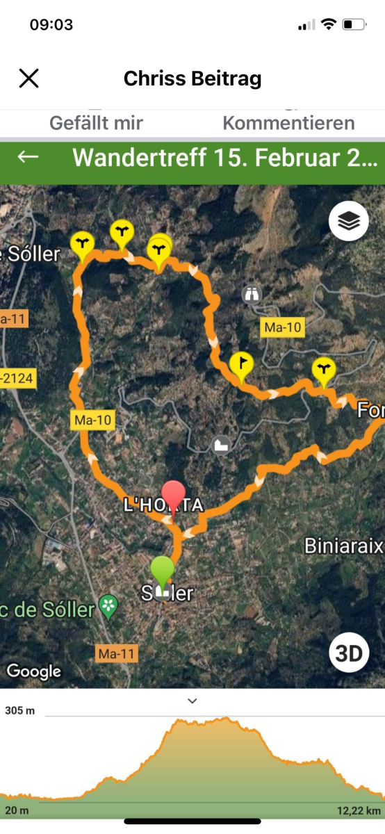 Übersichtskarte der Wanderroute zwischen Sóller und Fornalutx in der Serra de Tramuntana