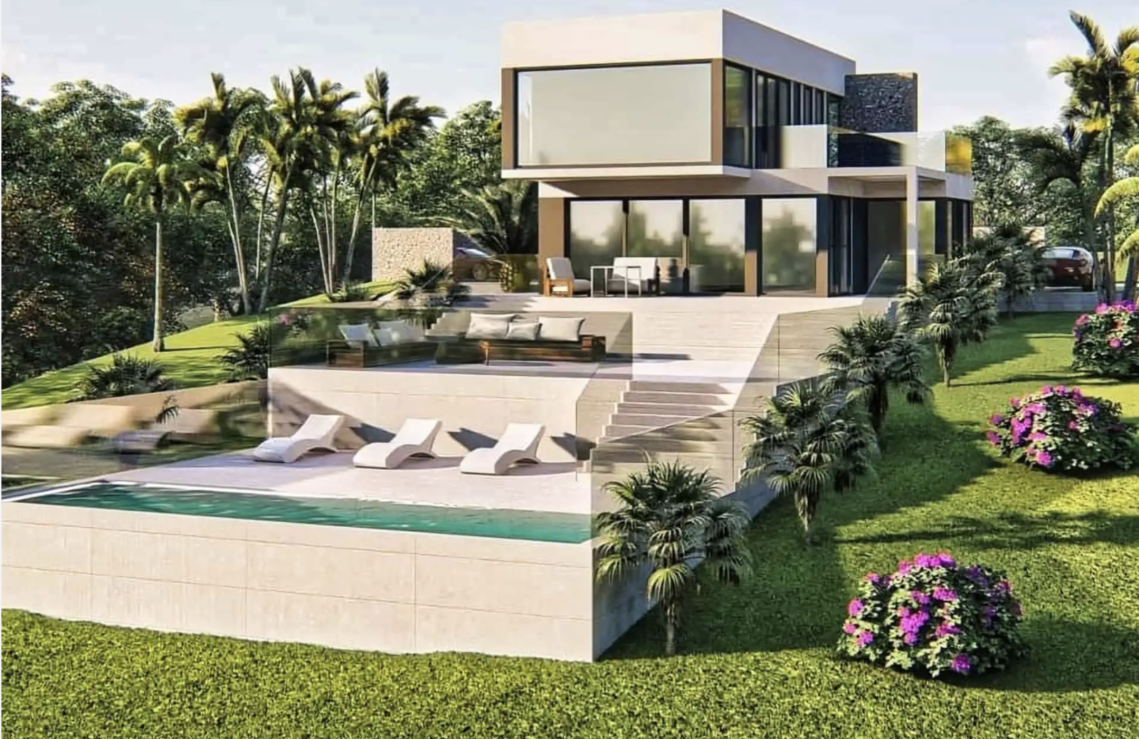 Propiedad moderna en Mallorca con piscina, vistas al mar y arquitectura mediterránea